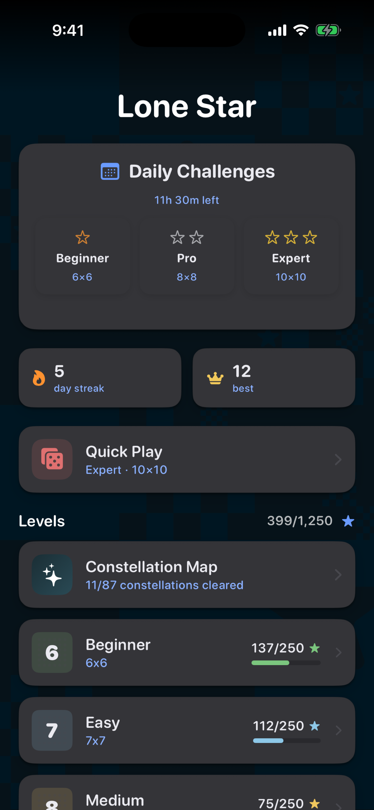 Home screen with daily challenges and level progress